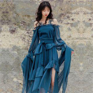 Long-sleeve Off-shoulder Frill Trim Slit Midi A-line Dress
