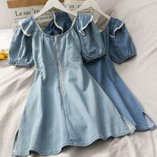 Boatneck Ruffled-trim Denim Mini Dress