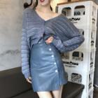 V-neck Cardigan / Asymmetrical A-line Faux Leather Skirt