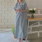 Gingham Double-breasted Midi Shift Dress Long Shift Dress - Plaid - Blue - One Size