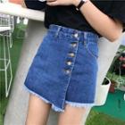 Fringed Hem Asymmetrical Denim Skort