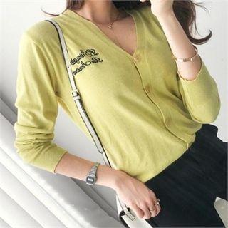 Lettering Embroidered Linen Blend Cardigan
