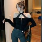 Long-sleeve Cold Shoulder Zip Knit Top Black - One Size