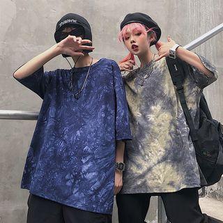 Couple Matching Dye Print Elbow-sleeve T-shirt