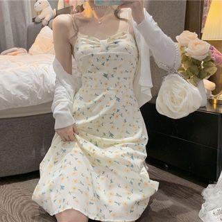 Spaghetti Strap Floral Print Midi Dress / Lightweight Cardigan