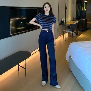 Striped Short-sleeve T-shirt / High-waist Straight-fit Pants