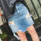 Ripped Washed Denim Skirt