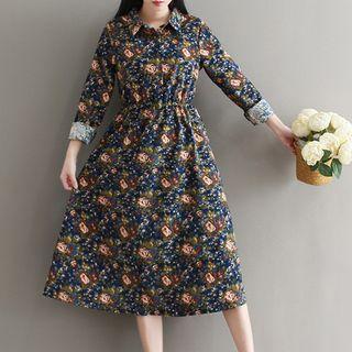 Flower Print Corduroy Collared Dress