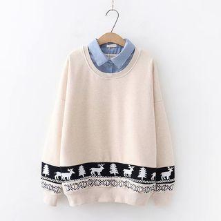 Mock Two-piece Fleece-lined Printed Sweatshirt