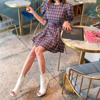 Puff-sleeve Belted Plaid Mini Flare Dress