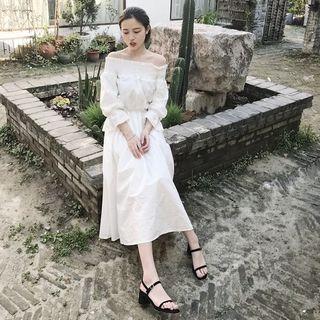 Off-shoulder Long-sleeve A-line Midi Dress