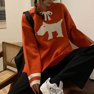 Puppy Printed Lapel Knitted Sweater Tangerine Red - One Size