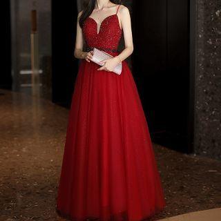 Spaghetti-strap Embellished A-line Evening Gown