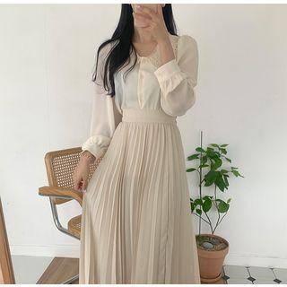 Lace Collar Blouse / Midi Accordion Pleat Skirt