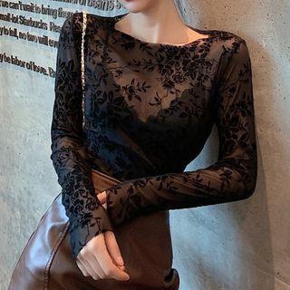 Long-sleeve Flower Print Lace Sheer Top