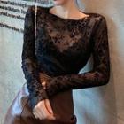 Long-sleeve Flower Print Lace Sheer Top