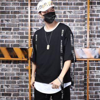 Mock Two-piece Elbow-sleeve Letter Strap T-shirt