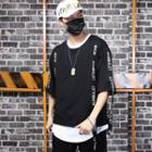 Mock Two-piece Elbow-sleeve Letter Strap T-shirt