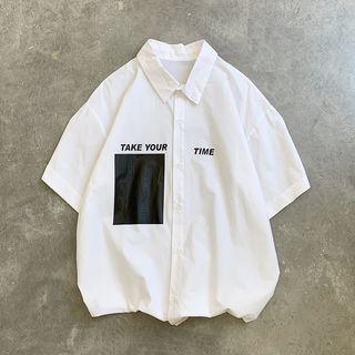 Short-sleeve Color Block Letter Printed Shirt