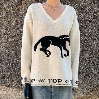 V-neck Printed Oversize Sweater