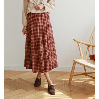 Checked Long Tiered Skirt