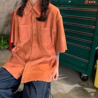 Short-sleeve Front Pocket Corduroy Button-up Shirt