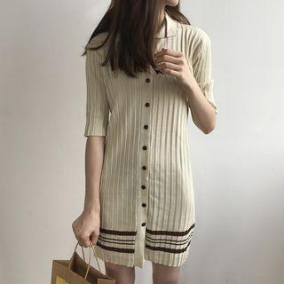 Button Down Elbow-sleeve Knit Dress