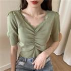 Puff-sleeve V-neck Lace Trim Knit Top