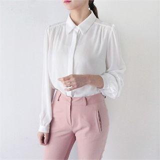 Fly-front Shirred Chiffon Blouse