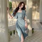 Set: Short Sleeve Open Front Crop Blazer + Sleeveless Ruched Drawstring Wrap Dress