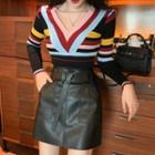 V-neck Striped Long-sleeve Knit Top / Faux-leather A-line Skirt With Belt