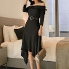 3/4-sleeve Off-shoulder Asymmetric-hem Dress