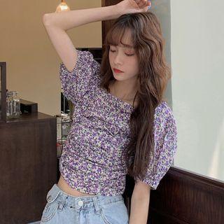 Off-shoulder Floral Print Shirred Blouse