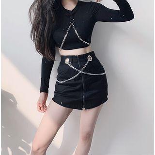 Chained Strap Long-sleeve Top / Mini Skirt