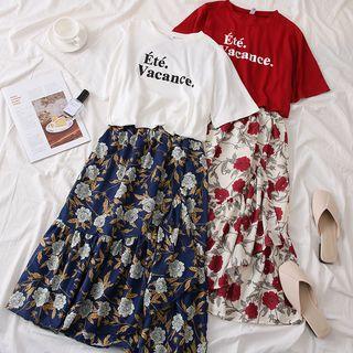 Set : Printed Letter T-shirt + Chiffon Floral Skirt