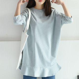 Ruffle Hem Striped 3/4-sleeve T-shirt