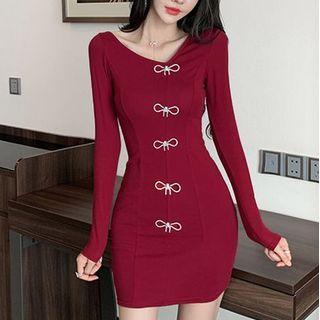 Long-sleeve Bow Accent Mini Sheath Dress