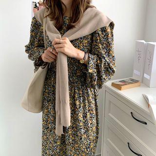 Floral Print Long-sleeve Midi A-line Dress Floral Print - Yellow - One Size