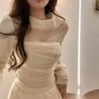Long-sleeve Cowl-neck Mesh Overlay Corset Top