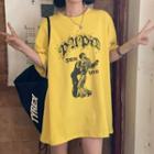 Elbow-sleeve Cartoon Print T-shirt Yellow - One Size