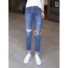 Cutout Washed Straight-cut Jeans