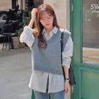 Long-sleeve Striped Shirt / V-neck Plain Knit Vest