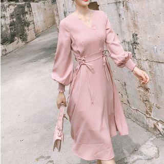Puff-sleeve Plaid Lace-up A-line Dress