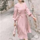 Puff-sleeve Plaid Lace-up A-line Dress