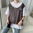 Mock Two-piece Distressed Panel Short-sleeve T-shirt