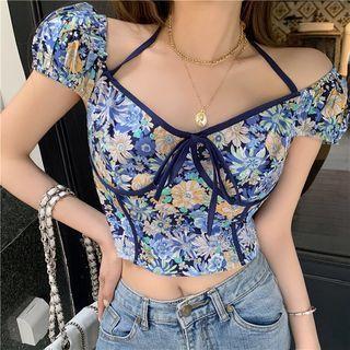 Cold-shoulder Floral Cropped Blouse Floral - Blue - One Size