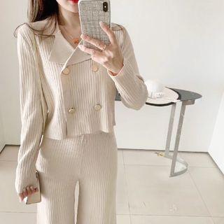 Set: Double Breasted Knit Top + Crop Wide Leg Pants