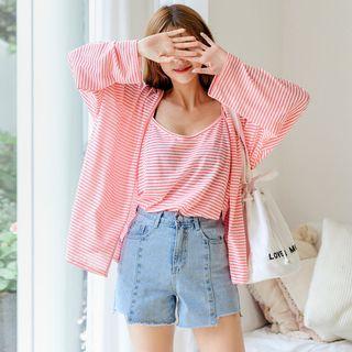 Set: Drop-shoulder Stripe Cardigan + Spaghetti-strap Top