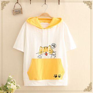 Color-block Cat Print Hooded Short-sleeve Top