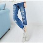 Distressed Washed Straight-cut Jeans